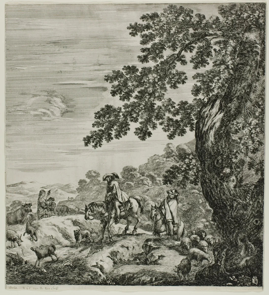Two Riders Passing a Flock, plate five from The Six Large Views of Rome and the Campagna by Stefano della Bella, print, 1654