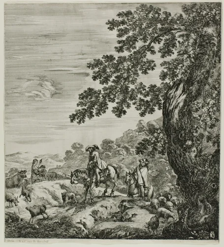 Two Riders Passing a Flock, plate five from The Six Large Views of Rome and the Campagna by Stefano della Bella, print, 1654