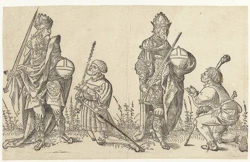 Keizer Trajanus met rechter en Keizer Augustus met boer by anonymous, print, 1500-1549