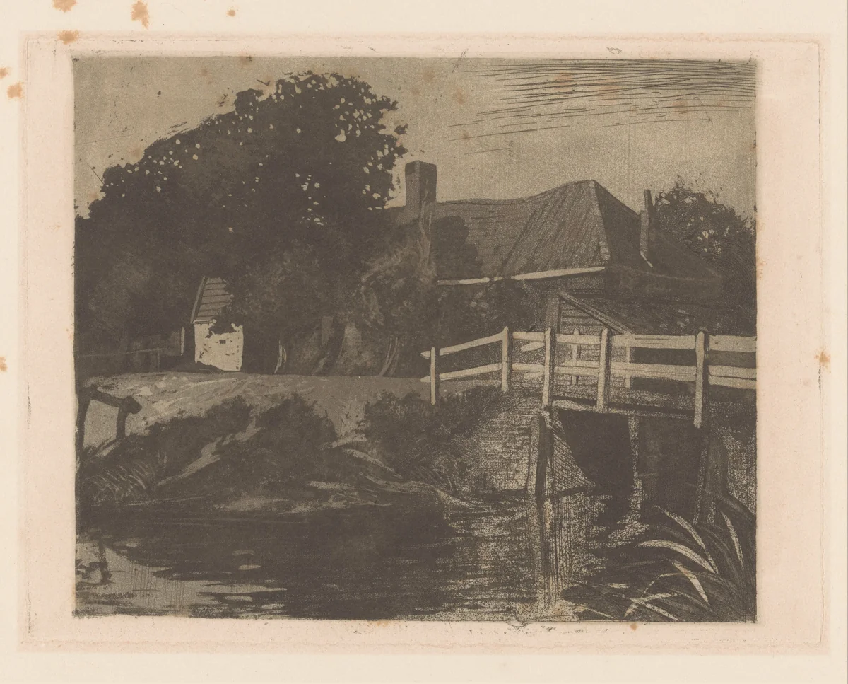 Landschap met boerderij, brug en sloot by Johannes Josephus Aarts, print, 1881-1934