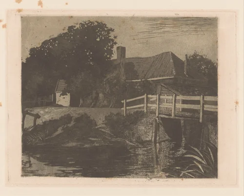 Landschap met boerderij, brug en sloot by Johannes Josephus Aarts, print, 1881-1934
