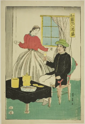 Dutch Couple Drinking Wine (Orandajin sakamori) by Utagawa Yoshikazu, print, 1861