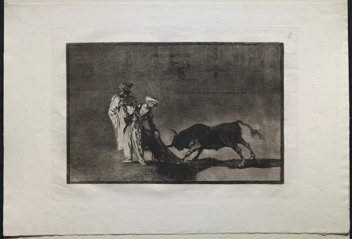 Bullfights: The Moors Make a Different Play in the Ring Calling the Bull with the Burnous by Francisco de Goya, print, 1816-1876