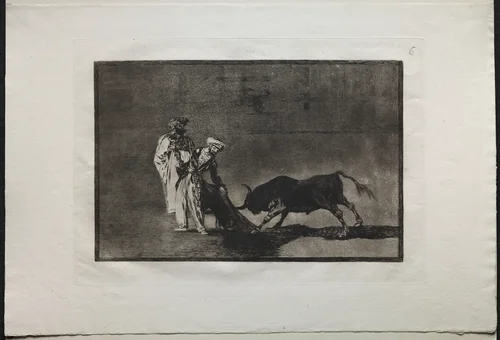 Bullfights: The Moors Make a Different Play in the Ring Calling the Bull with the Burnous by Francisco de Goya, print, 1816-1876