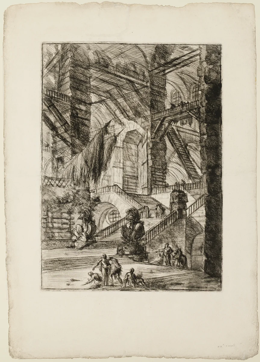 The Staircase with Trophies, plate 8 from Imaginary Prisons by Giovanni Battista Piranesi, print, 1750