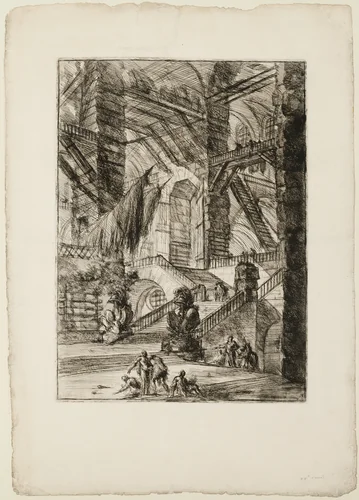 The Staircase with Trophies, plate 8 from Imaginary Prisons by Giovanni Battista Piranesi, print, 1750