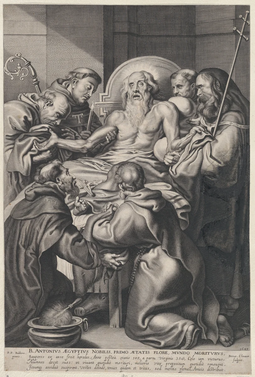 The Death of Saint Anthony, surrounded by saints on his deathbed by Peeter Clouwet, print, 1649