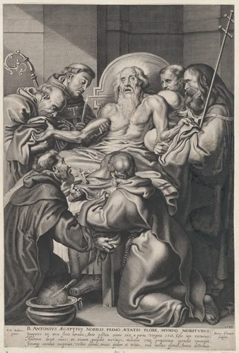 The Death of Saint Anthony, surrounded by saints on his deathbed by Peeter Clouwet, print, 1649