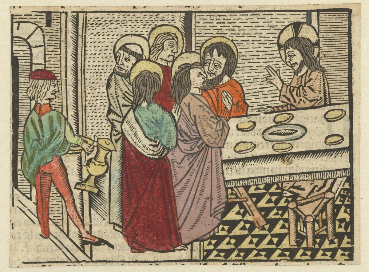 Christus en zijn discipelen in het huis van de Farizeeër weigeren de rituele handwassing by Unknown, print, 1482-1484