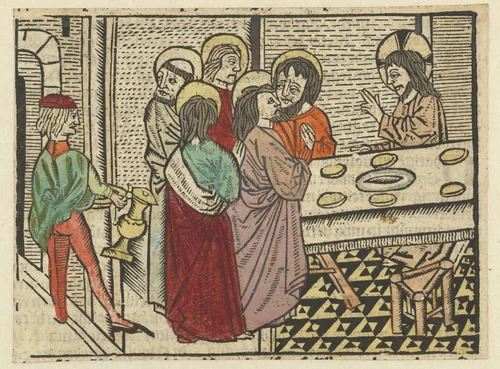 Christus en zijn discipelen in het huis van de Farizeeër weigeren de rituele handwassing by Unknown, print, 1482-1484