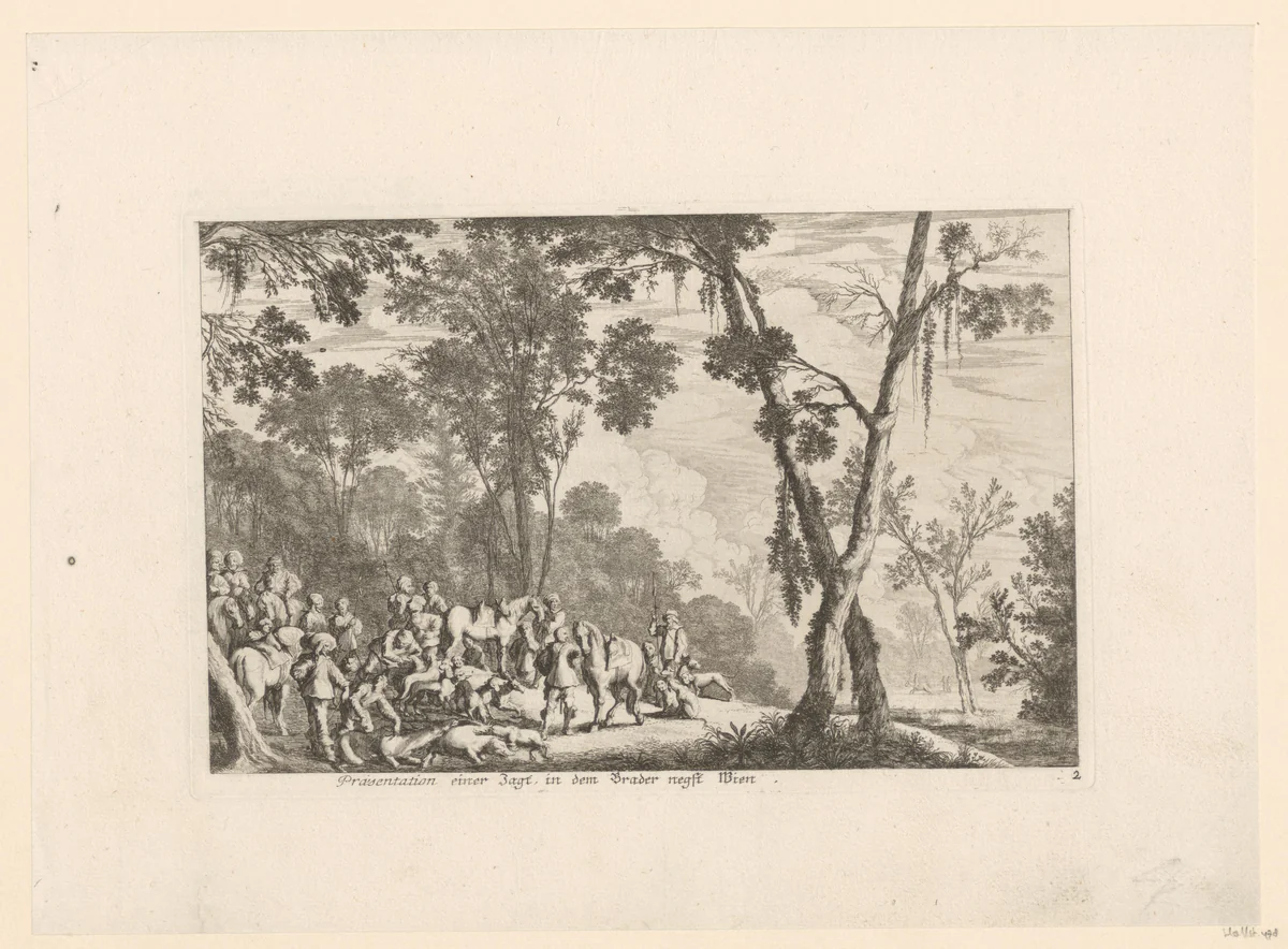 Jagers in een bos bij Wenen by Melchior Küsel, print, 1670-1719
