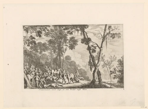 Jagers in een bos bij Wenen by Melchior Küsel, print, 1670-1719