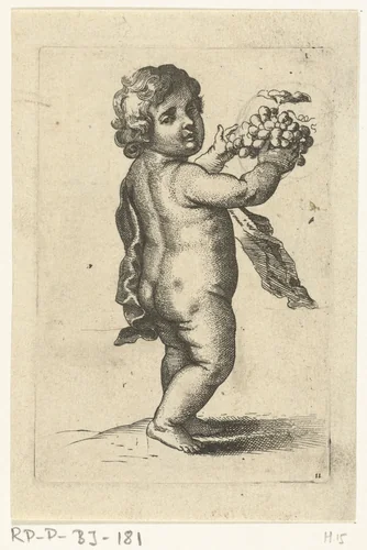 Naakt kind met druiventros by Pieter van Avont, print, 1630-1652