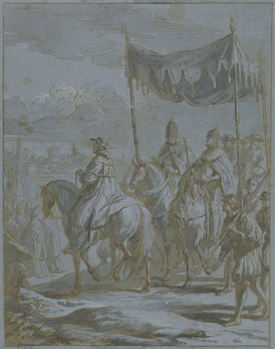 Intocht van de stoet van een keizer en paus in een stad by Zeger Jacob van Helmont, drawing, 1693-1726