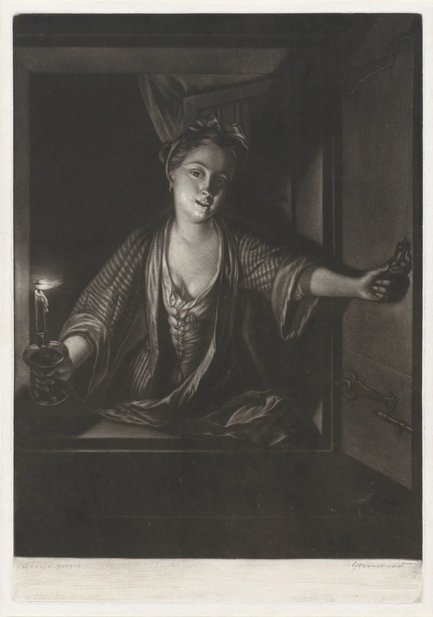Meisje met blaker bij een open raam by John Greenwood, print, 1758-1763