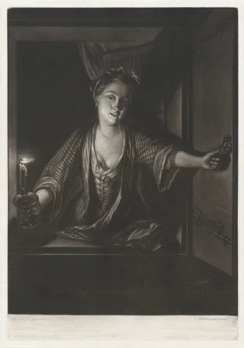 Meisje met blaker bij een open raam by John Greenwood, print, 1758-1763