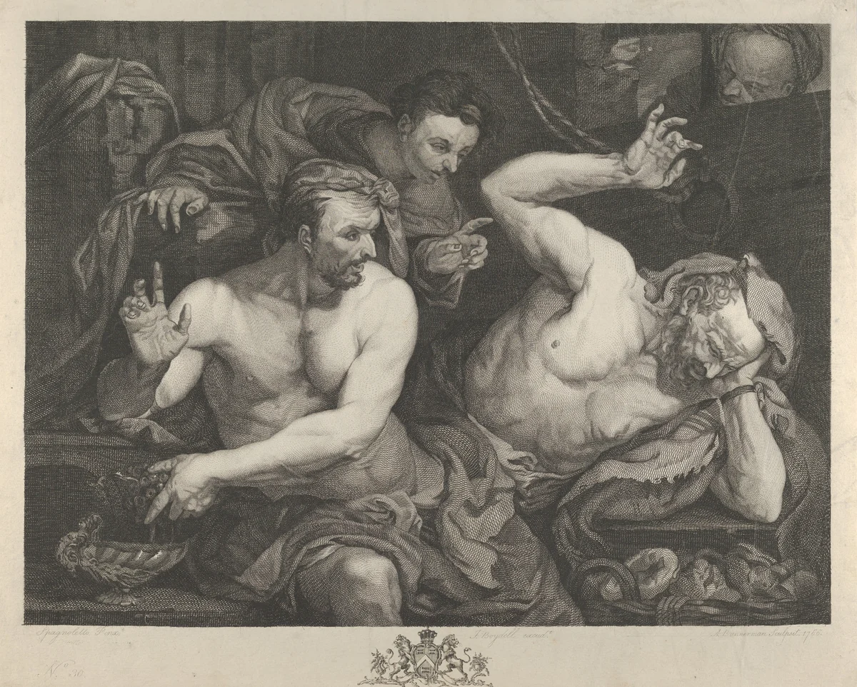 Joseph Interpreting the Dreams of Pharoah's Chief Butler and Baker by Alexander Bannerman, print, 1766-1767