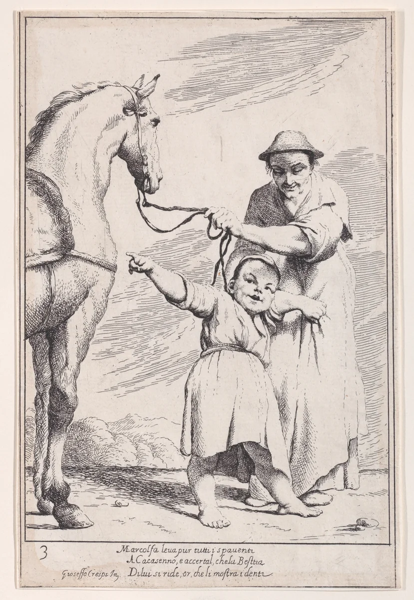Plate 17: Marcolfa shows Cacasenno a horse, from "Bertoldo, Bertoldino, and Cacasenno" by Giuseppe Maria Crespi, print, 1705-1715