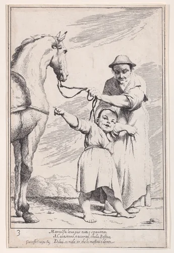 Plate 17: Marcolfa shows Cacasenno a horse, from "Bertoldo, Bertoldino, and Cacasenno" by Giuseppe Maria Crespi, print, 1705-1715