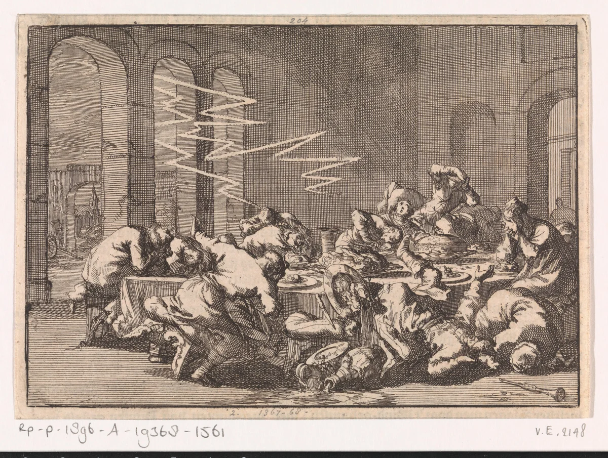 In het Poolse dorp Perzyn vinden 23 mensen de dood door een blikseminslag tijdens een doopmaal, 1676 by Jan Luyken, print, 1698