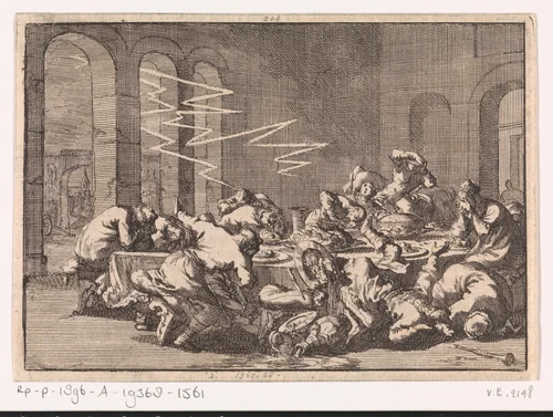 In het Poolse dorp Perzyn vinden 23 mensen de dood door een blikseminslag tijdens een doopmaal, 1676 by Jan Luyken, print, 1698