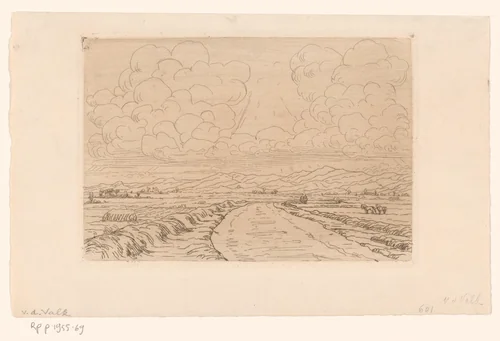 Landweg door landschap met heuvels aan de horizon by Maurits van der Valk, print, 1867-1935