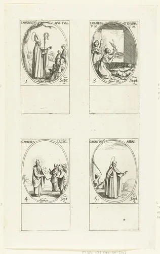 Heilige Mansuetus van Toul, Heilige Seraphia en Heilige Erasma, Heilige Mozes, Heilige Bertinus van Poperinge (3-5 september) by Jacques Callot, print, 1632-1636