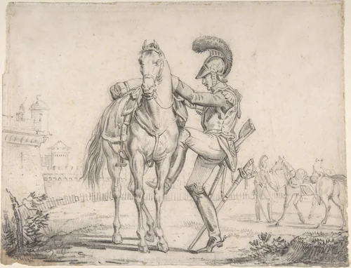Soldier Mounting a Horse by Théodore Gericault, drawing, 1808