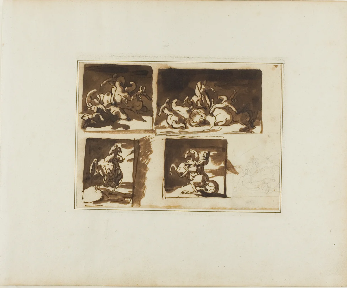 Sketches for a Cavalry Battle and a Mounted Officer by Jean Louis André Théodore Géricault, drawing, 1813-1814