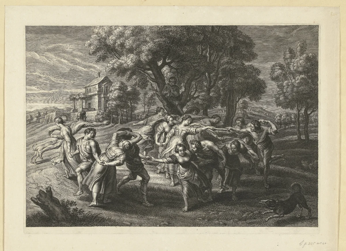Landschap met mannen en vrouwen die dansen by Schelte Adamsz. Bolswert, print, 1596-1659