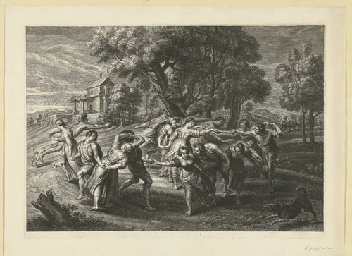 Landschap met mannen en vrouwen die dansen by Schelte Adamsz. Bolswert, print, 1596-1659