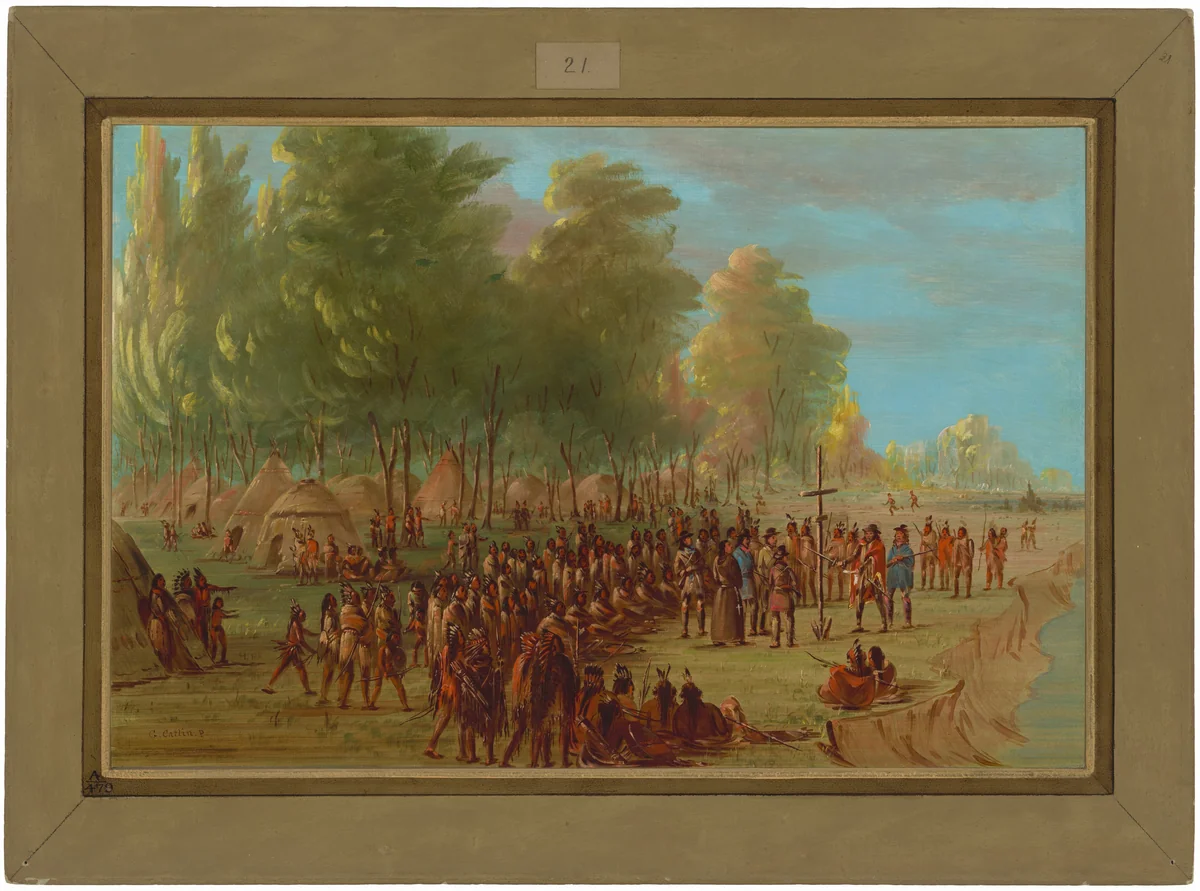 La Salle Erecting a Cross and Taking Possession of the Land. March 25, 1682 by George Catlin, painting, 1847-1848