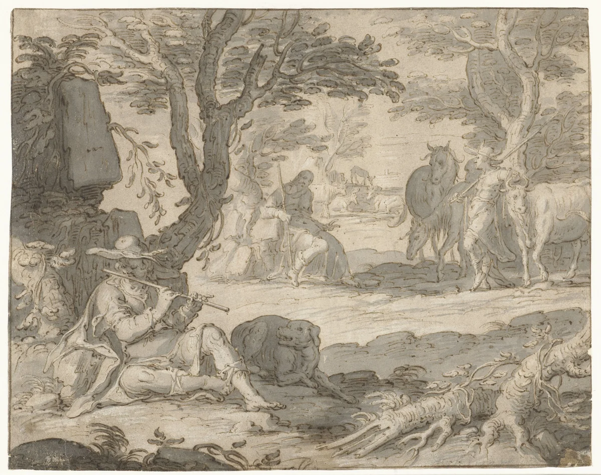 Apollo speelt de fluit terwijl hij de kudde van Admetus hoedt by Joachim Wtewael, drawing, 1576-1638