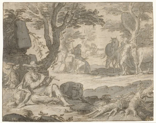 Apollo speelt de fluit terwijl hij de kudde van Admetus hoedt by Joachim Wtewael, drawing, 1576-1638