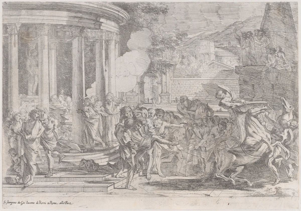 Sinorix carried from the temple of Artemis trying to escape the effects of the poisoning by Pietro Testa, print, 1635-1645