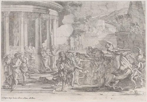 Sinorix carried from the temple of Artemis trying to escape the effects of the poisoning by Pietro Testa, print, 1635-1645