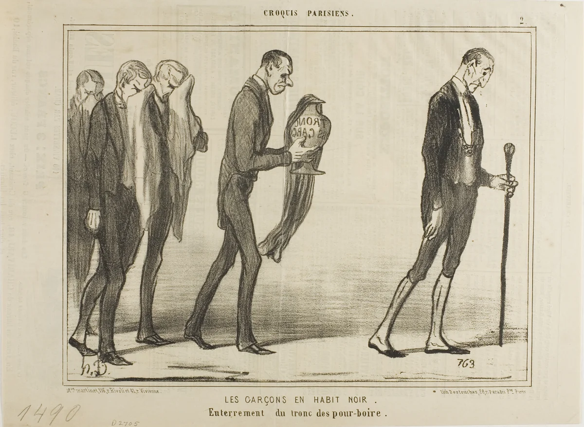 The Waiter in Black Suits. Funeral of the tip box, plate 2 from Croquis Parisiens by Honoré-Victorin Daumier, print, 1890