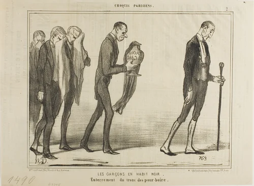 The Waiter in Black Suits. Funeral of the tip box, plate 2 from Croquis Parisiens by Honoré-Victorin Daumier, print, 1890