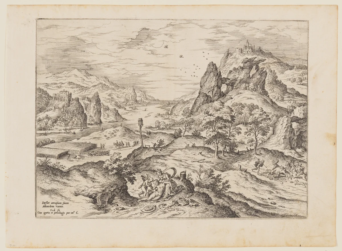 Venus and Adonis, from Landscapes with Biblical and Mythological Scenes by Hieronymus Cock, print, 1558