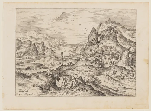 Venus and Adonis, from Landscapes with Biblical and Mythological Scenes by Hieronymus Cock, print, 1558