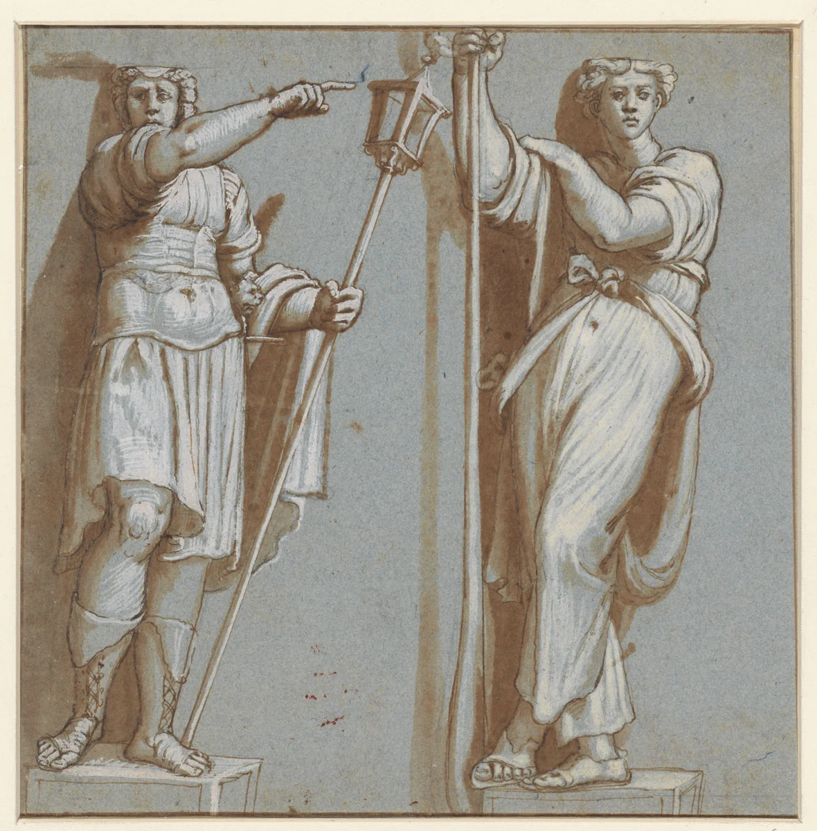 Twee caryatiden, onder de verdrijving van Heliodorus by anonymous, drawing, 1550-1599