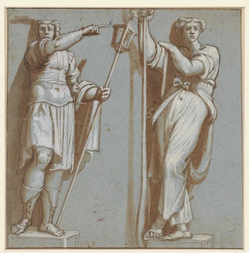Twee caryatiden, onder de verdrijving van Heliodorus by anonymous, drawing, 1550-1599