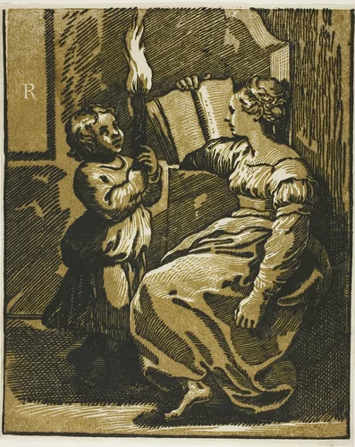 The Sibyl and a Child Bearing a Torch by Ugo da Carpi, print, 1520-1540
