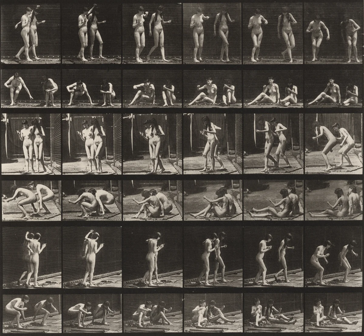 Plate Number 245. Two models, turning around, sitting on the ground by Eadweard Muybridge, photograph, 1887