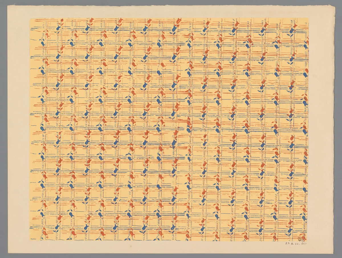 Blad met banenpatroon van lijnen en bloemmotief by anonymous, print, 1800-1900