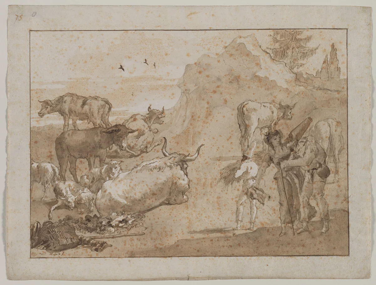 Sheep and Cows by Giovanni Domenico Tiepolo, drawing, 1790-1799