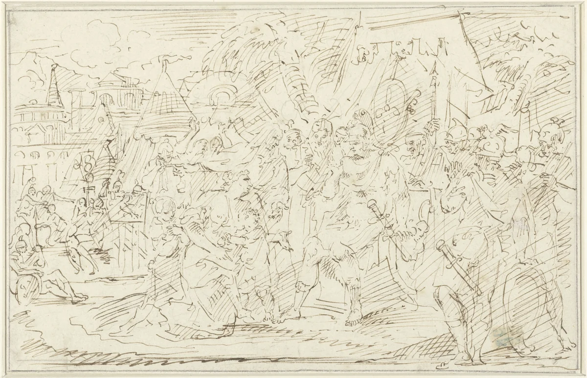 Coriolanus begged by his mother Veturia and his wife Volumnia to spare Rome (?) by François Boitard, drawing, 1680-1715