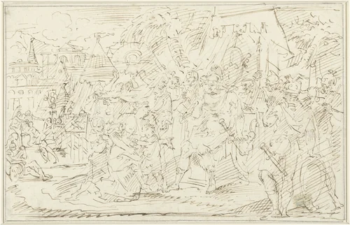 Coriolanus begged by his mother Veturia and his wife Volumnia to spare Rome (?) by François Boitard, drawing, 1680-1715