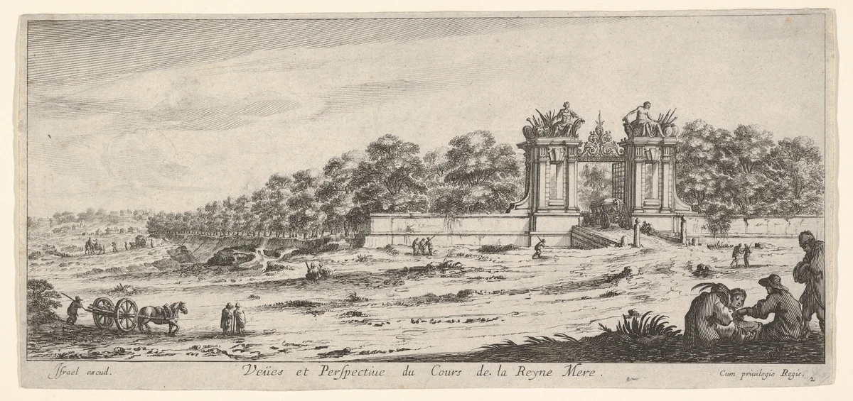 View of the gate of the residence of the Queen Mother, from "Views and new perspectives, drawn from the most beautiful places of Paris and environs" (Veües et perspectives nouvelles, tirées sur les plus beaux lieux de Paris et des environs) by Claude Goyrand, print, 1639-1649