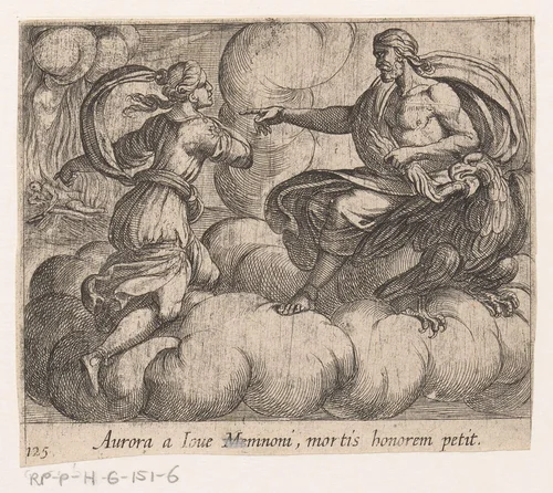 Aurora vraagt Jupiter om Memnon te eren by Antonio Tempesta, print, 1606-1638